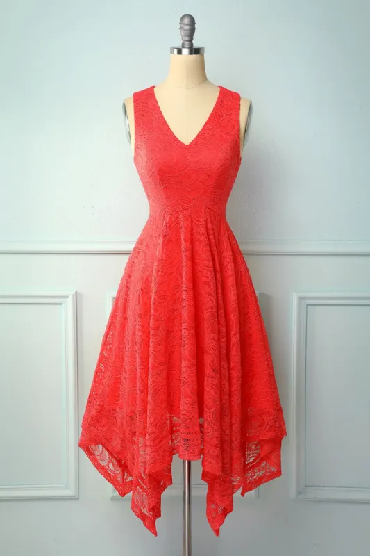 Asymmetrical Red V-neck Lace Dress sold by Zapaka