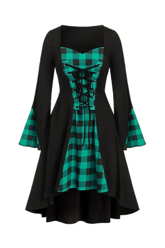 Tie Ruffle Sleeve Halloween Plaid Retro Dress sold by Zapaka