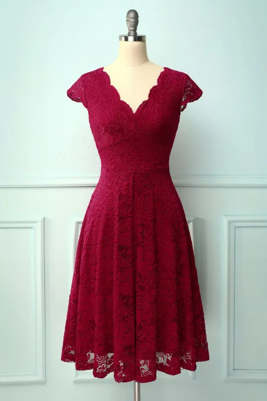 Dark Red V Neck Midi Lace sold by Zapaka