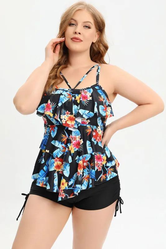 Two Piece Printed Black Plus Size Swimwear with Boxer sold by Zapaka