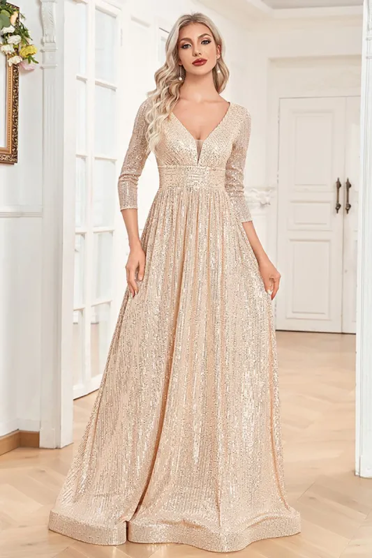 A-Line Glitter Long Mother of the Bride Dress with 3/4 Sleeves sold by Zapaka
