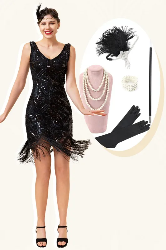 Black V-Neck Sequined 1920s Gatsby Flapper Dress with 20s Accessories Set sold by Zapaka
