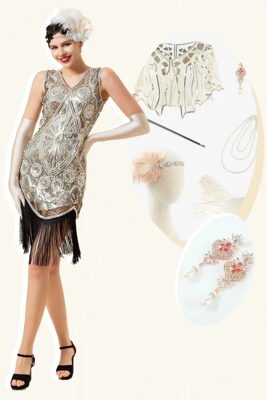 Silver Sequins Fringes 1920s Gatsby Dress with 20s Accessories Set sold by Zapaka