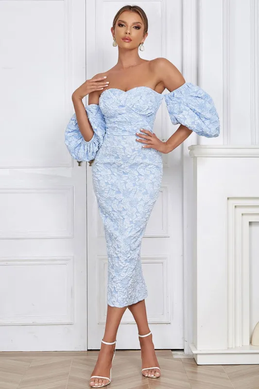 Light Blue Off the Shoulder Puff Sleeves Cocktail Dress With Slit sold by Zapaka