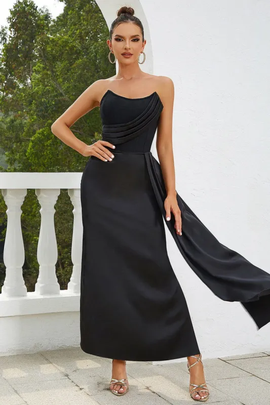 Black Strapless Long Cocktail Dress With Train and Slit sold by Zapaka