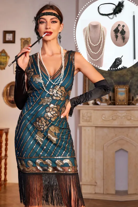 Sparkly Dark Green Sequins Fringed 1920s Dress with Accessories Set sold by Zapaka