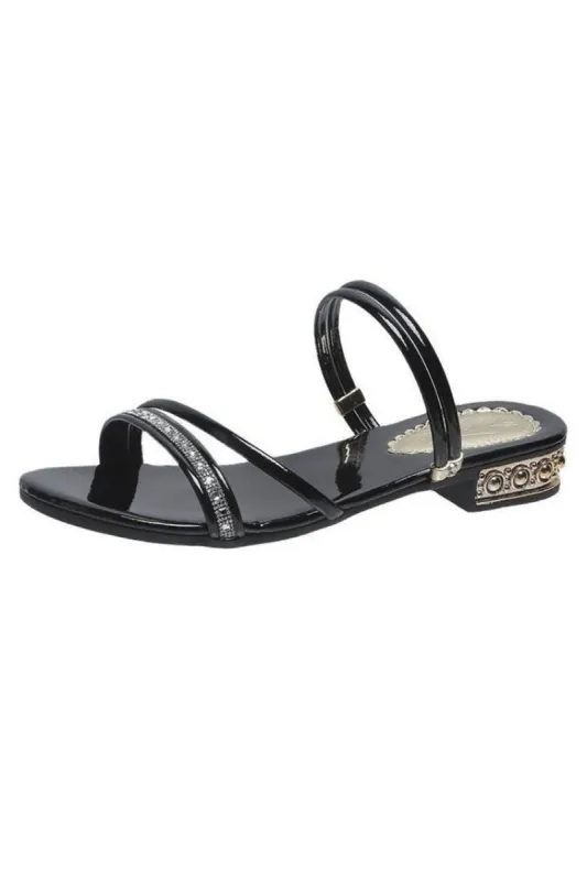 Black Strappy Rhinestones Low Block Heel Sandal sold by Zapaka
