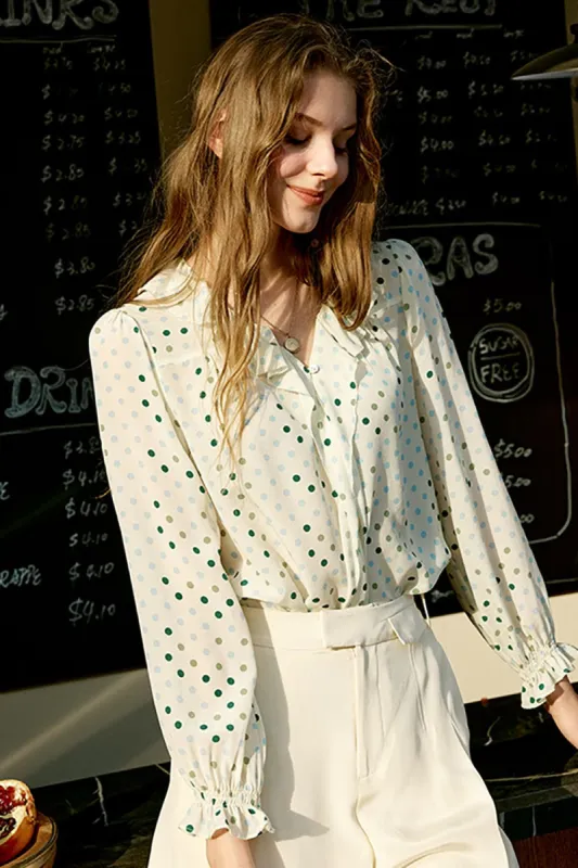 Ivory Polka Dots Long Sleeves Women Silk Blouse sold by Zapaka