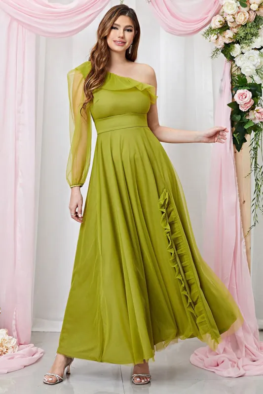One Shoulder Green Long Prom Dress with Slit sold by Zapaka