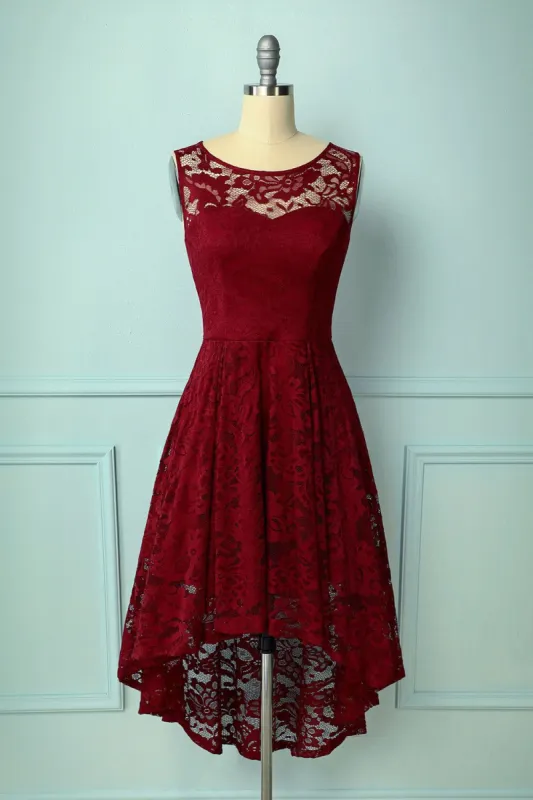 Dark Red Asymmetry Lace Dress sold by Zapaka