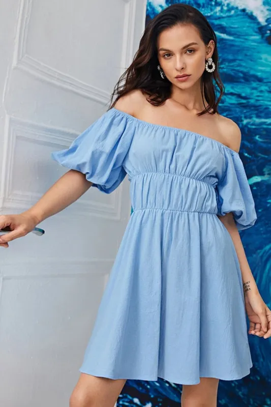 Blue Off the Shoulder Mini Graduation Dress sold by Zapaka