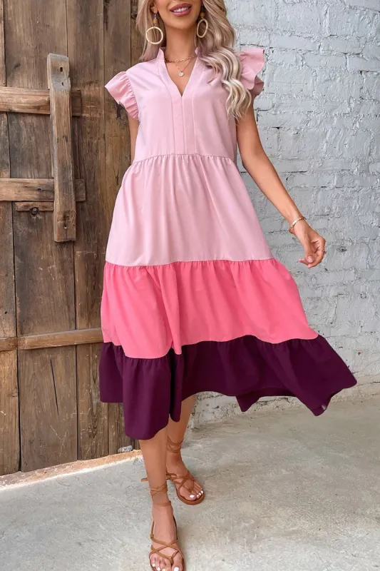 V Neck Gradient Pink Summer Dress with Butterfly Sleeves sold by Zapaka