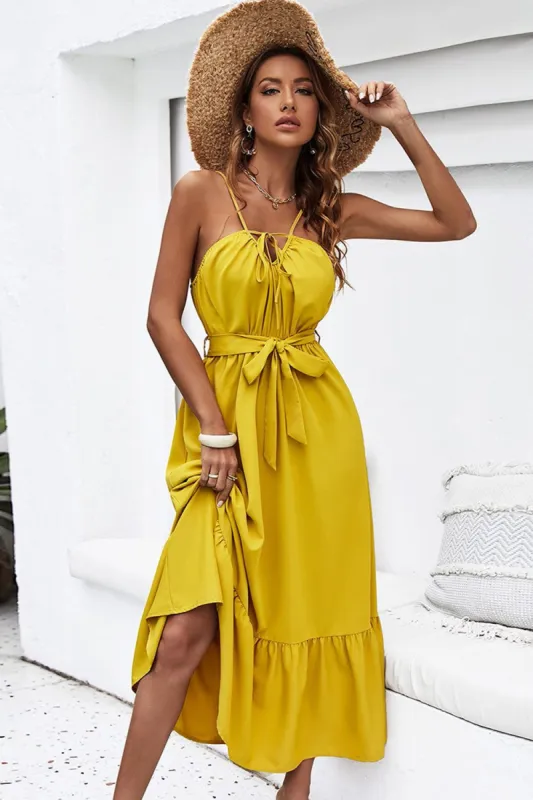 Halter Neck Yellow Holiday Dress with Belt made by Zapaka