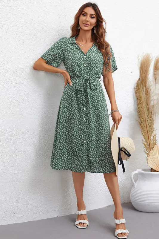 Green Printed V-Neck Short Sleeves Summer Dress sold by Zapaka