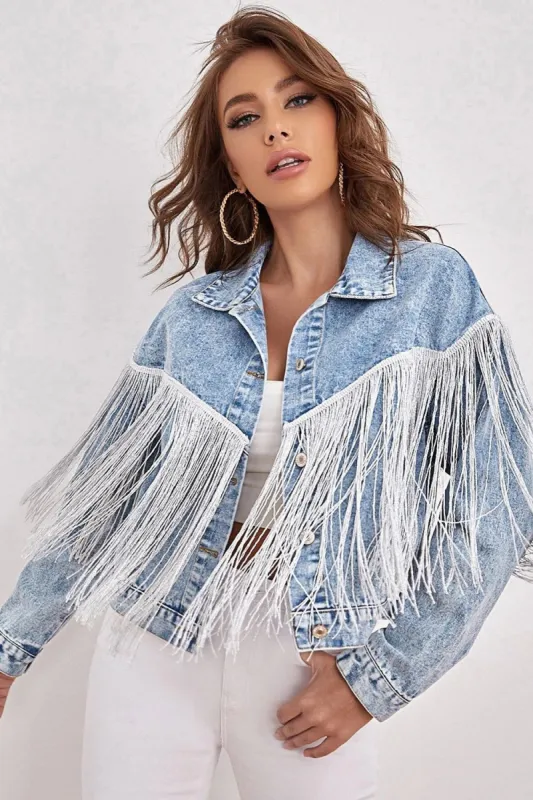 Blue Denim Jacket with Fringes sold by Zapaka