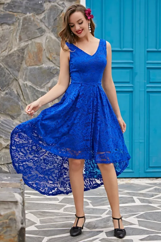 Royal Blue Lace Asymmetrical Dress sold by Zapaka