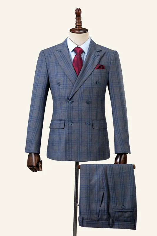 Blue Plaid Double-Breasted Peaked Lapel 2-Piece Men's Suit sold by Zapaka