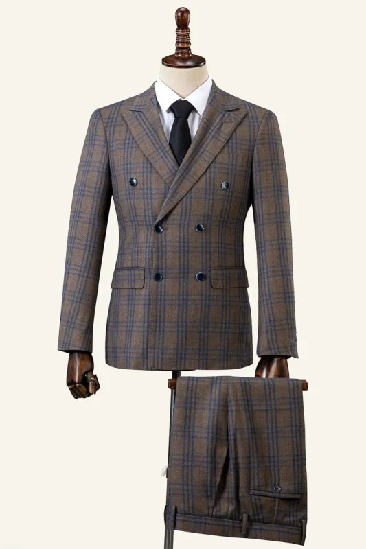 Brown Plaid Peaked Lapel Double-Breasted 2-Piece Men's Suit sold by Zapaka
