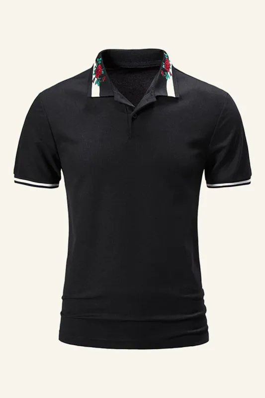 Black Regular Fit Collared Short Sleeves Men's Polo Shirt with Flower sold by Zapaka