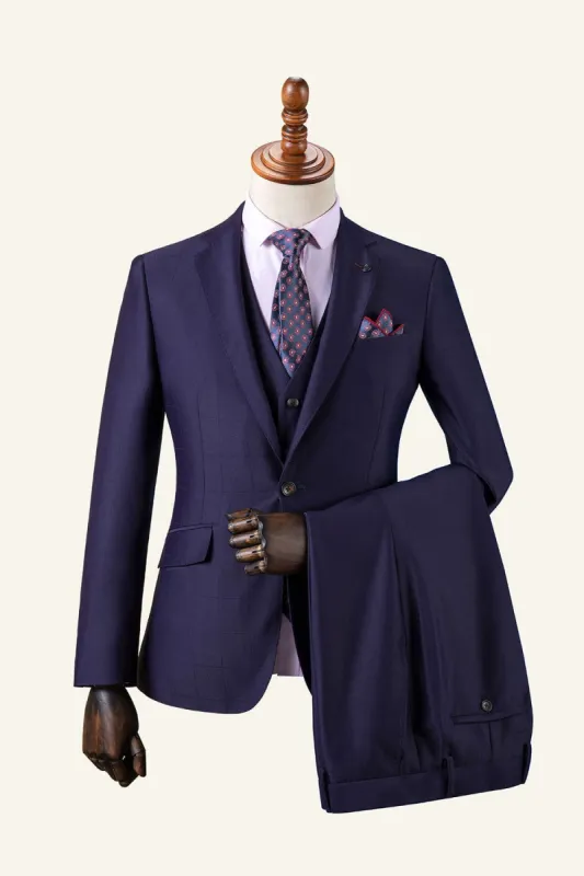 Dark Blue Notched Lapel Grid 3-Piece Men's Suit sold by Zapaka