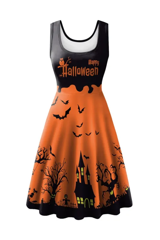 Orange Castle Pattern Halloween Sleeveless A-line Dress sold by Zapaka