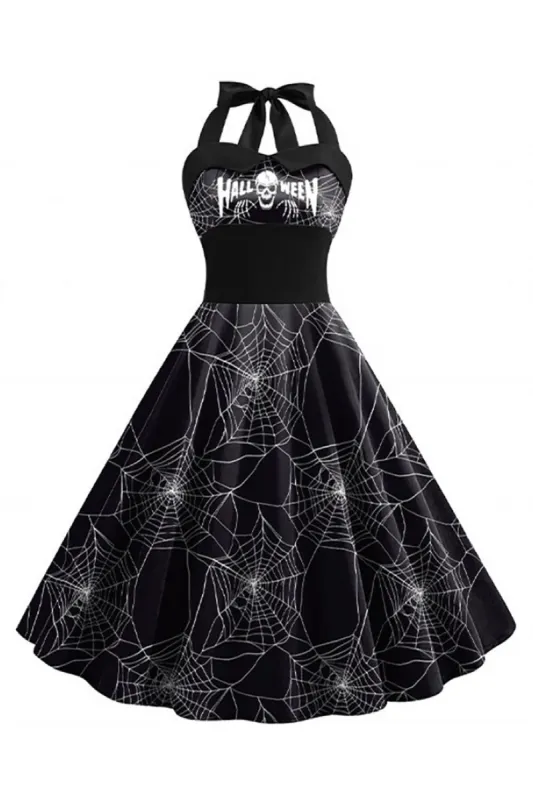 Halloween Pattern Black Halter Neck Vintage Dress sold by Zapaka