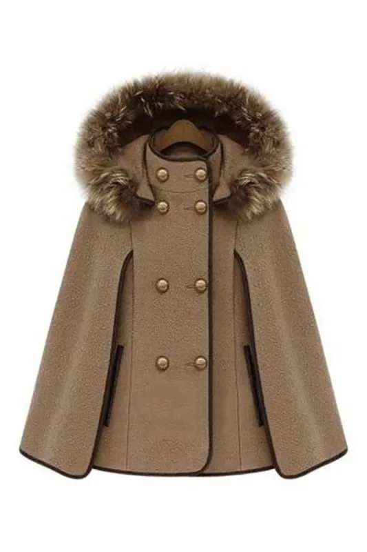 Camel Hooded Cape Double Breasted Women Cowl Coat sold by Zapaka