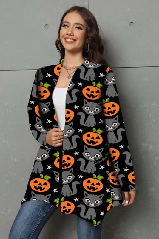 Halloween Pumpkin and Cat Pattern Black Coat made by Zapaka
