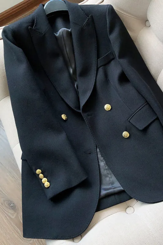Black Peak Lapel Double Breasted Women Blazer made by Zapaka