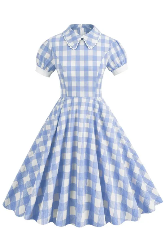 Blue Plaid Doll Collar Vintage Dress with Short Sleeves sold by Zapaka