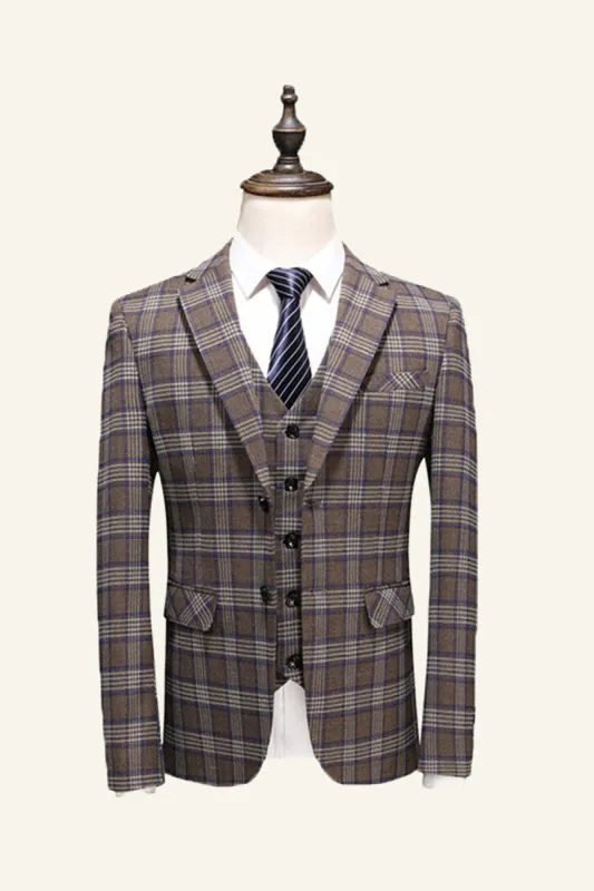Brown Plaid 3 Piece Wedding Men Suits sold by Zapaka