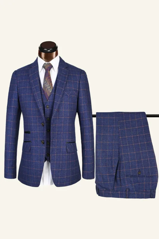 Dark Blue Plaid Tweed 3 Piece Men Wedding Suits sold by Zapaka