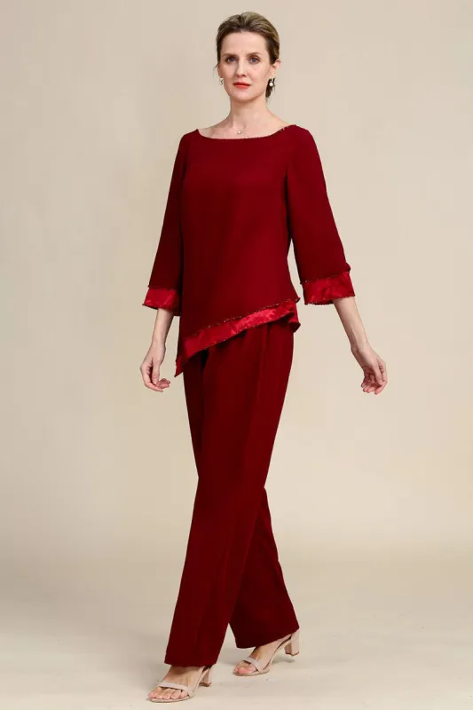 Burgundy Long Sleeves 2 Piece Mother of the Bride Pant Suits sold by Zapaka