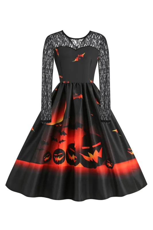 Lace Long Sleeves Black Printed 1950s Swing Dress sold by Zapaka