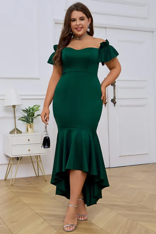 Dark Green Off the Shoulder Ruffles Short Sleeves Mermaid Plus Size Evening Dress sold by Zapaka