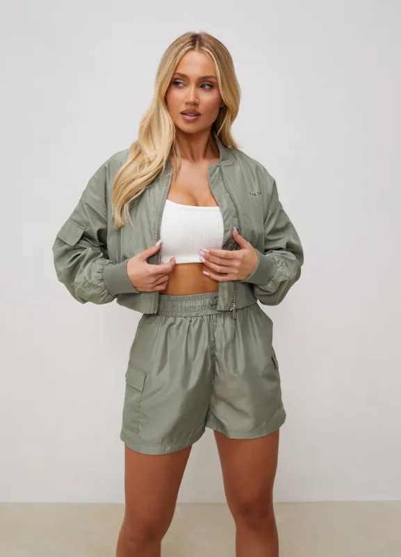 Gym King Satin Cargo Bomber - Dusky Sage sold by The Gym King