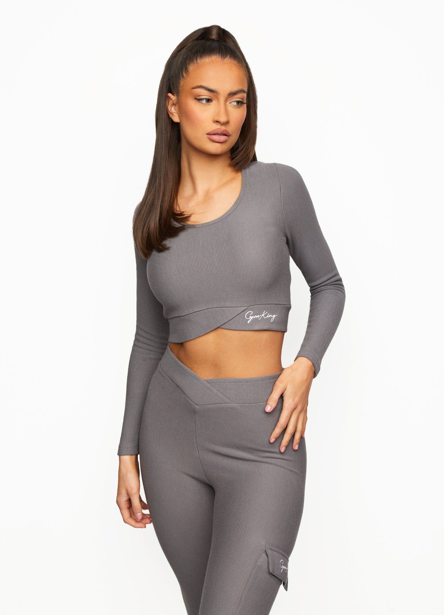 Gym King Transition Rib Long Sleeve Crop - Gun Metal sold by The Gym King