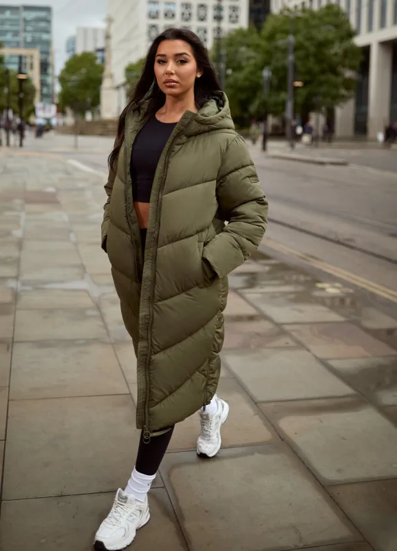 Gym King Chevron Longline Puffer - Khaki sold by The Gym King