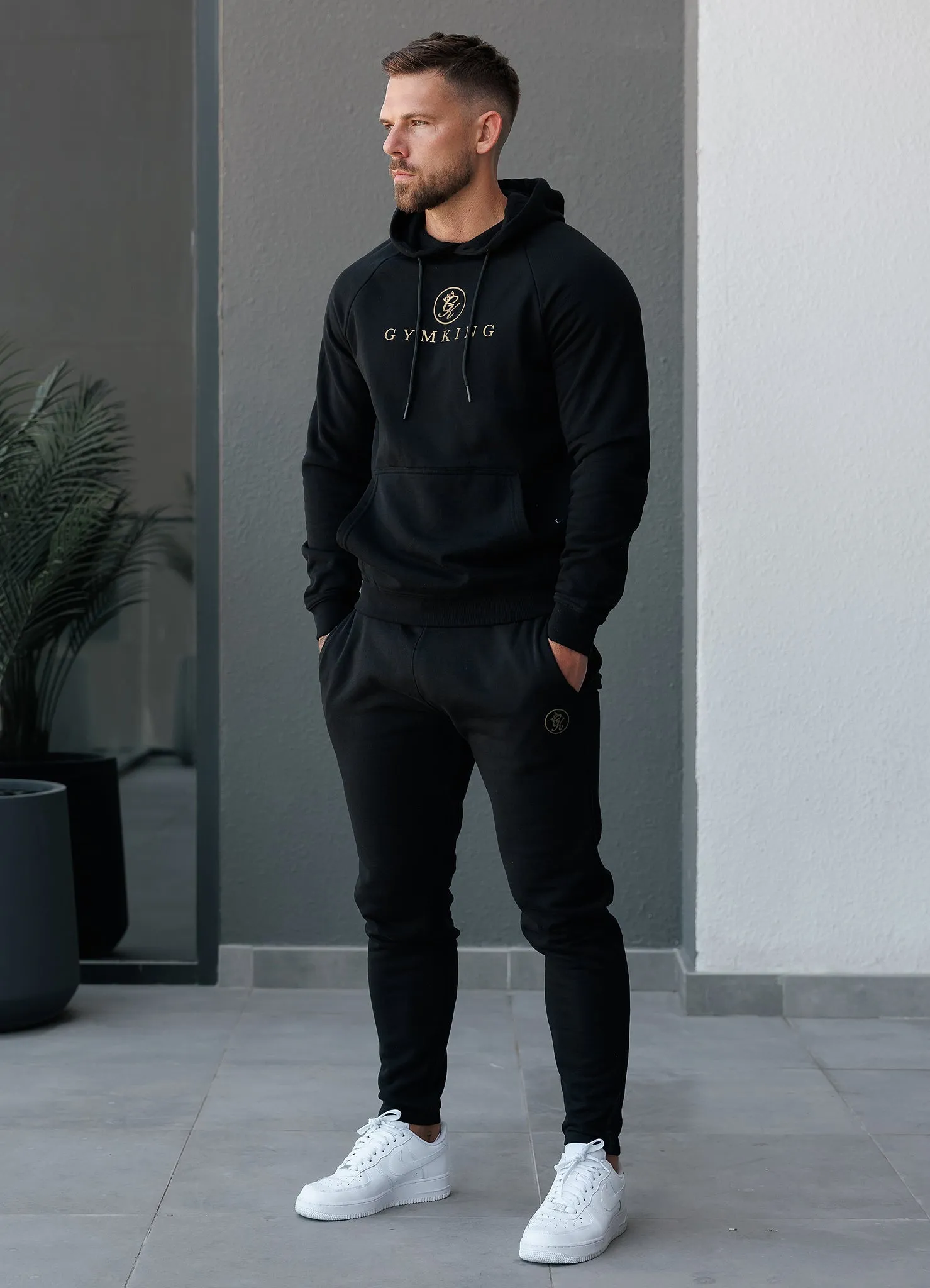 Gym King Pro Logo Fleece Hood Tracksuit - Black/Gold sold by The Gym King
