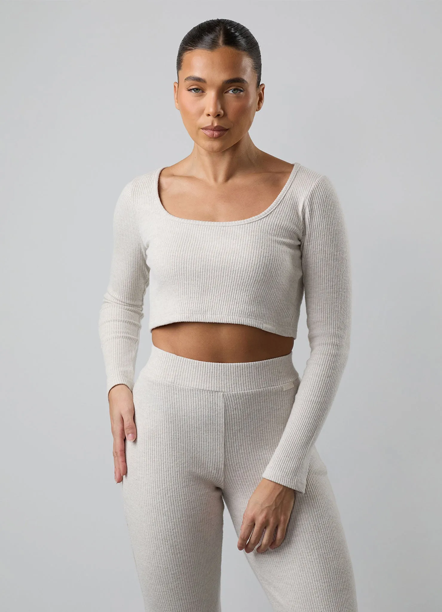 Gym King Serenity Rib Square Neck Long Sleeve Tee - Light Oatmeal Marl sold by The Gym King