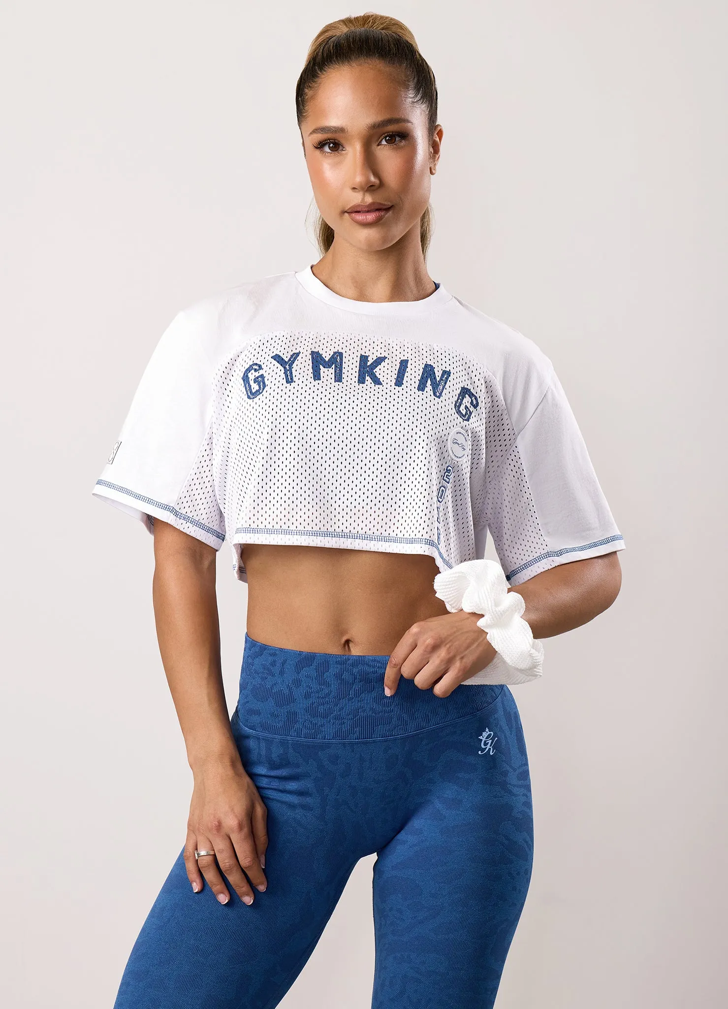 Gym King Limitless Crop Mesh Tee - White/Blue sold by The Gym King