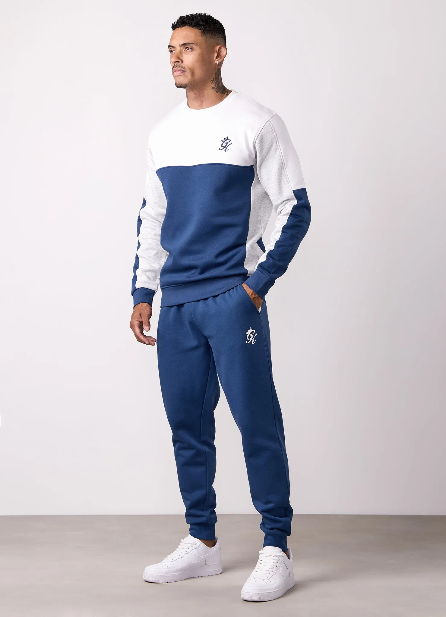 Gym King Contrast Panel Crew Tracksuit - Moonlight Blue/Snow Marl sold by The Gym King