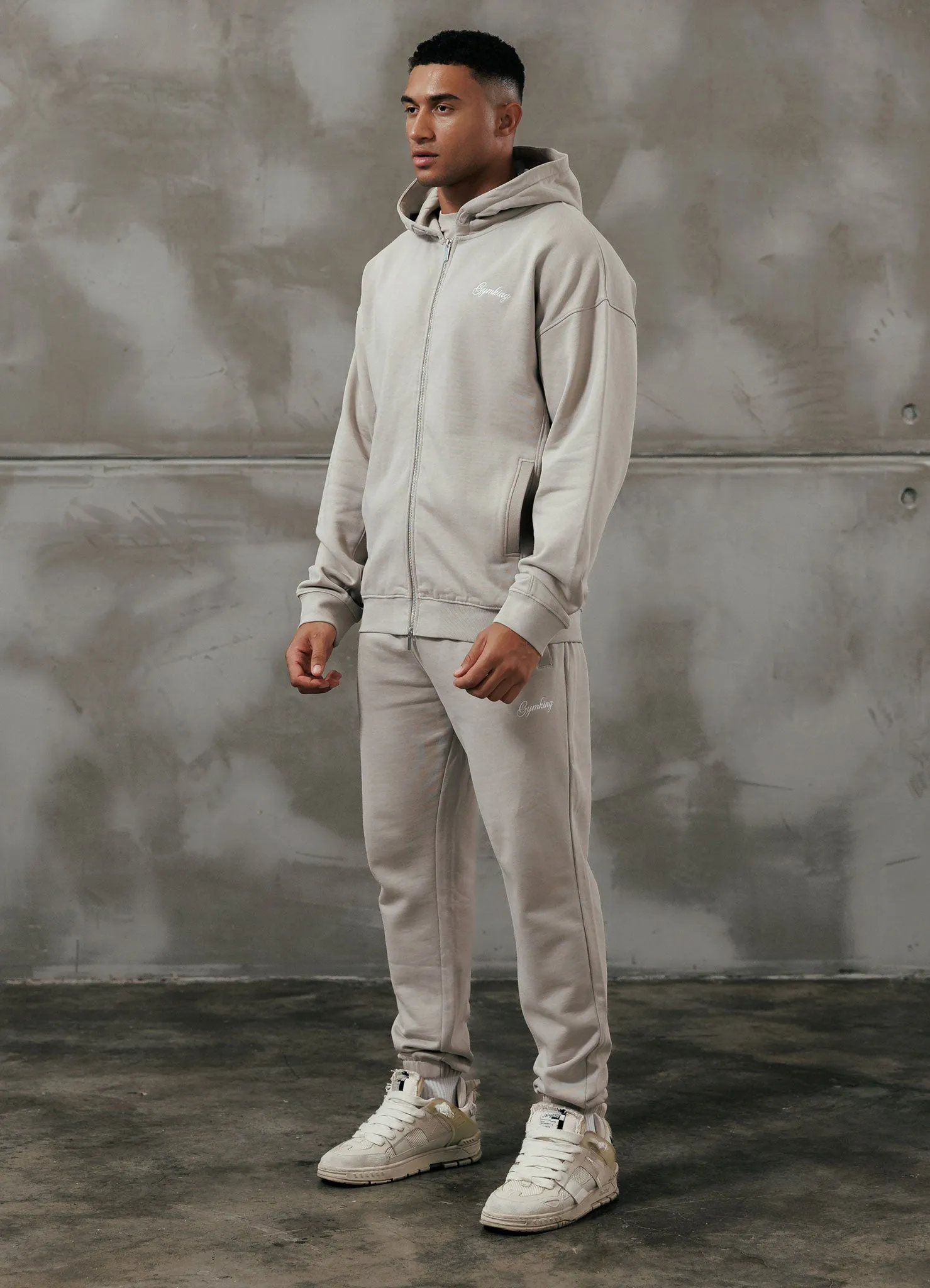 Gym King Script Relaxed Fit Hood Tracksuit - Light Sand sold by The Gym King