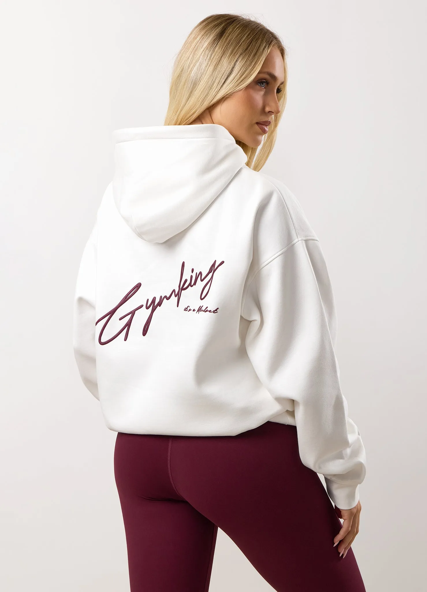 Gym King Script Mindset Relaxed Fit Hood - Cream/Fig sold by The Gym King