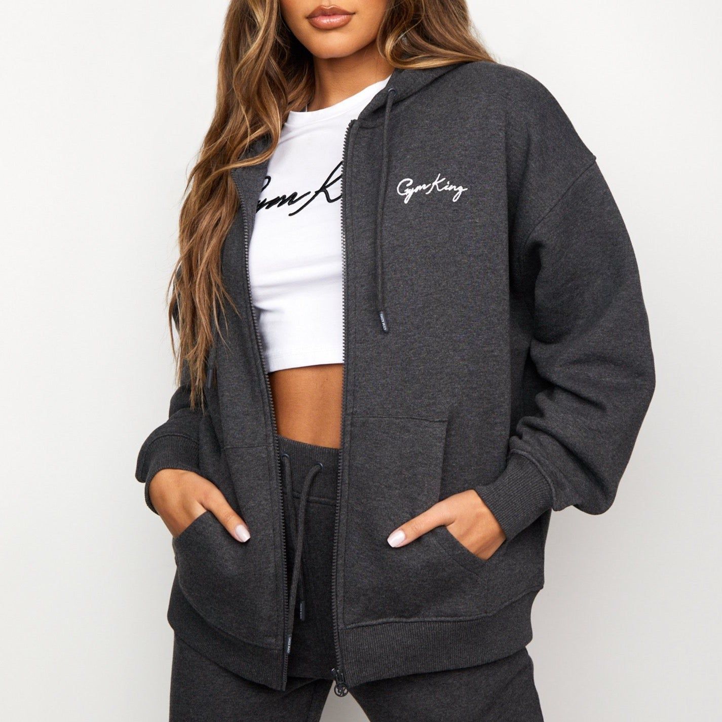 Gym King Script Oversized Fz Hood - Charcoal Marl/White sold by The Gym King product image thumbnail 2