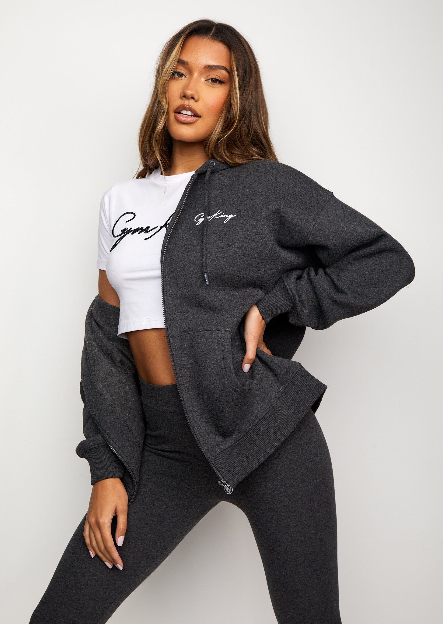 Gym King Script Oversized Fz Hood - Charcoal Marl/White sold by The Gym King product image thumbnail 3