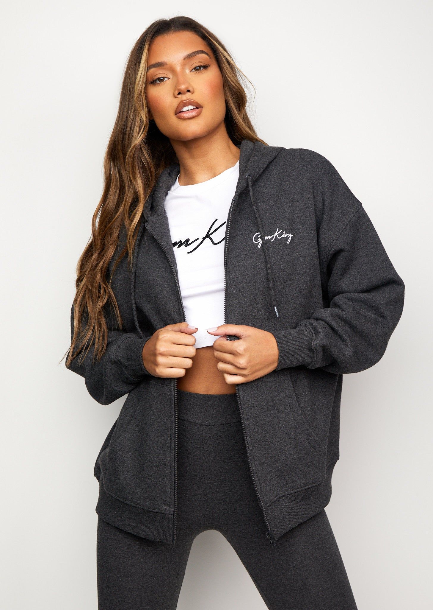 Gym King Script Oversized Fz Hood - Charcoal Marl/White sold by The Gym King product image thumbnail 7