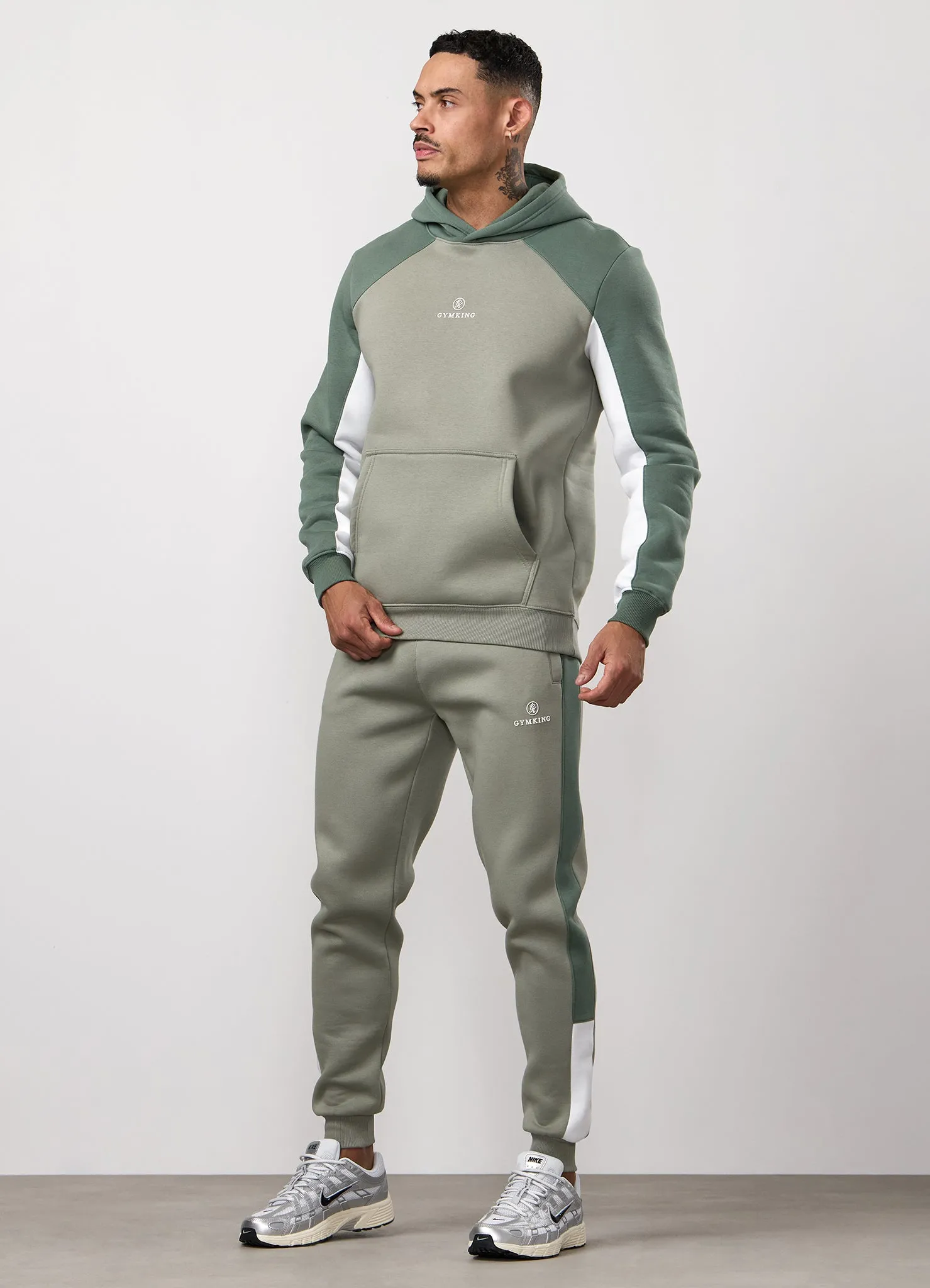 Gym King Power Fleece Hood Tracksuit - Soft Khaki/Fern Green/White sold by The Gym King