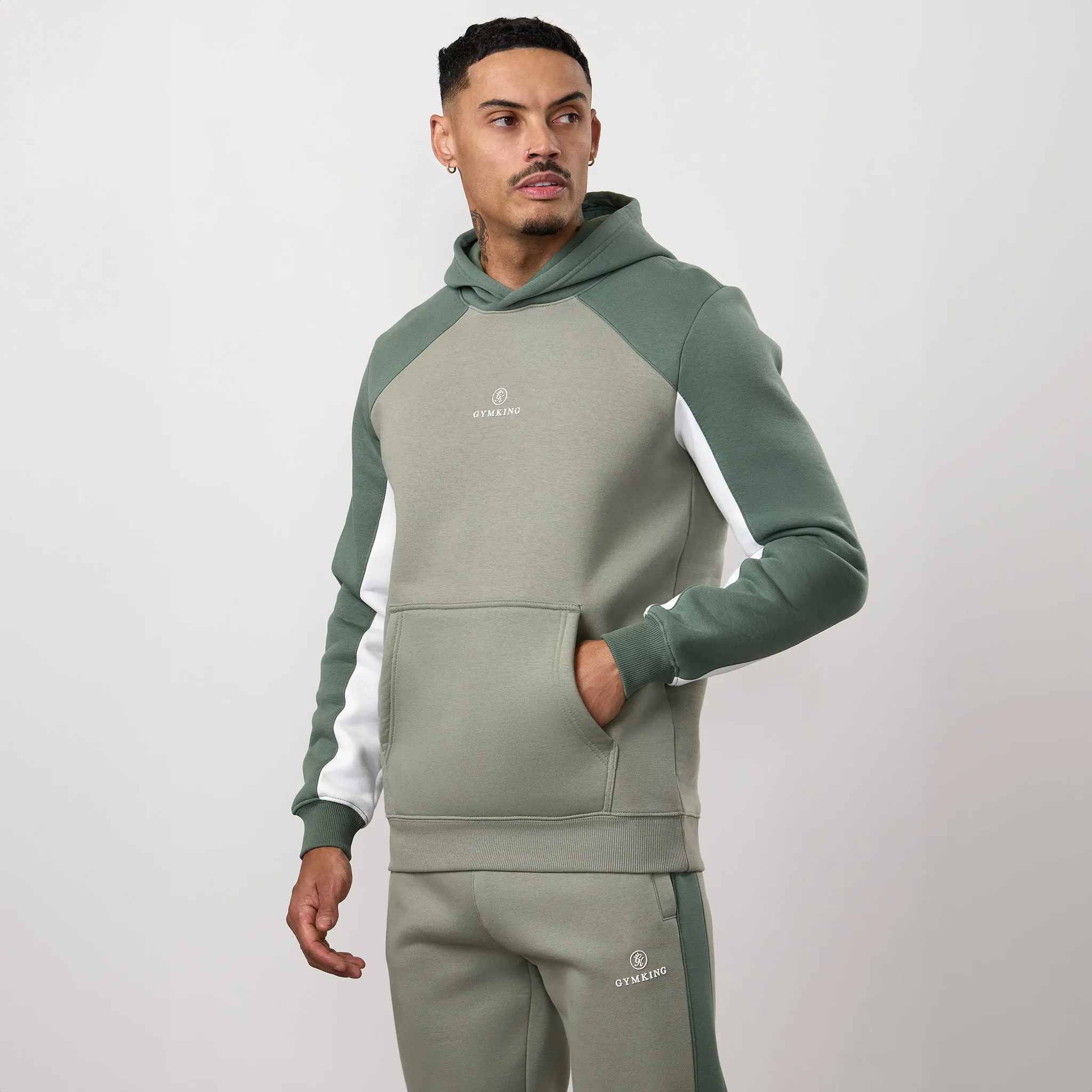 Gym King Power Colour Block Fleece Hood - Soft Khaki/Fern Green/White sold by The Gym King product image thumbnail 2