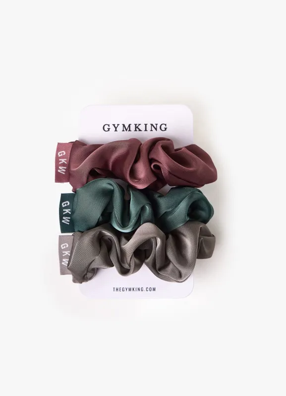 Gym King Satin Scrunchies (3PK) - Brown Plum / Pine Green / Dark Truffle made by The Gym King